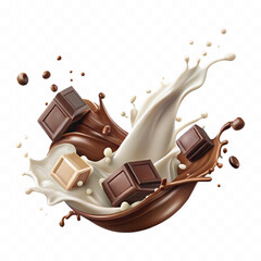 Realistic 3d milk and chocolate splashes against each other isolated on white background	