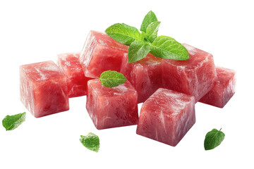 Fresh Sushi-grade Tuna Cubes, Glistening With A Frosty Sheen, Ready For A Culinary Adventure, Garnished With Vibrant Mint Leaves Against A Clean White Backdrop Isolated on Transparent Background