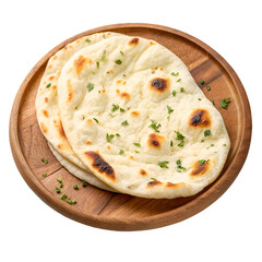 naan bread on wooden plate isolated on white background