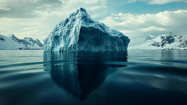 Iceberg floating in the ocean with the majority submerged underwater. Concept of hidden depths, mystery, and environmental awareness.