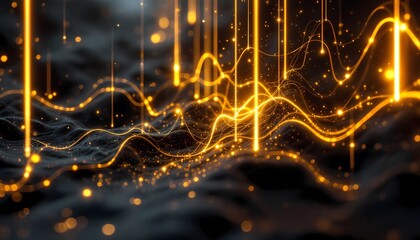 Golden Lines and Particles Flowing Over Abstract Black Surface Backdrop