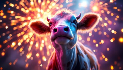 Cow Portrait with Fireworks Celebration Background, Festive and Creative Animal Image