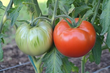 Ripe Red and Green Tomatoes on the Vine, Organic Garden Produce