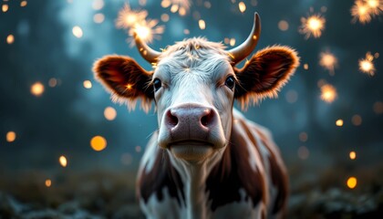 Curious Cow Portrait with Bokeh Lights Adds Whimsical Charm