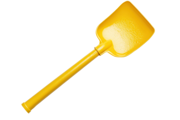 Bright yellow plastic shovel with long handle in isolated view, cut out
