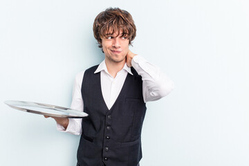 Young caucasian waitress man holding a tray isolated on blue background touching back of head, thinking and making a choice.