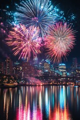 Fototapeta premium Vibrant Fireworks Display Over City Skyline Reflected in Water Captivating Night Scene Celebration Event Urban Landscape