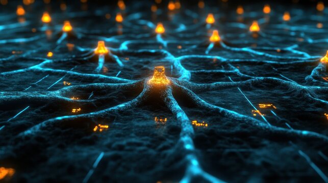 Vibrant Neural Network Connection with Blue and Orange Light Effects