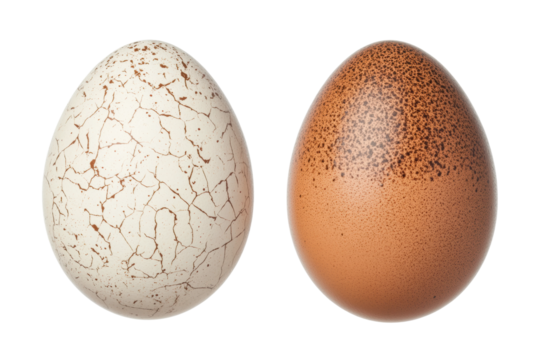 Two bird eggs: one cracked white and one spotted brown on black background, cut out