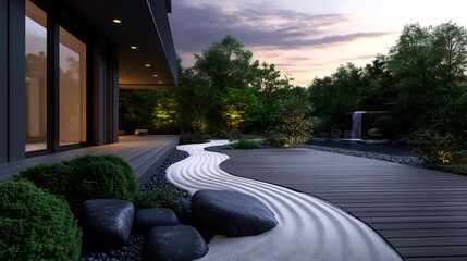 Serene Zen Garden Design: Modern House with Tranquil Backyard Oasis