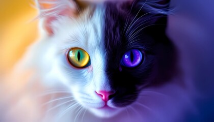 Close-up of Cat with Heterochromia Iridescent Eyes and Bicolor Fur
