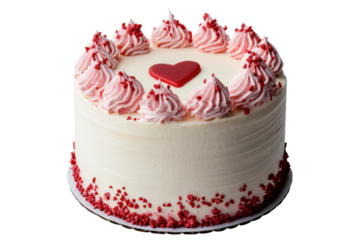 Heart-topped white cake with pink frosting and red sprinkles on a black background, cut out