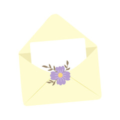 An open letter in a yellow paper envelope decorated with a flower and leaves.