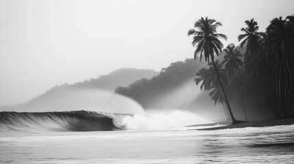 Dramatic monochrome seascape of crashing wave under tropical palm trees on misty shore landscape