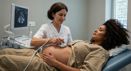 Prenatal Ultrasound Examination, Black Expectant Mother Receiving Medical Care, Healthcare Professional Performing Pregnancy Scan, Maternal Healthcare And Medical Technology
