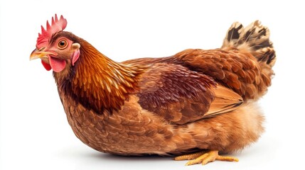 Fototapeta premium Captivating close up of a brown hen resting peacefully on a white background showcasing its plumage and features in detail for stock photography