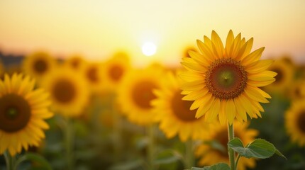 Naklejka premium Sunflower field at sunset, golden flowers with green leaves in warm sunlight, blurred background