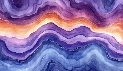Abstract layered marbled design in vibrant purples, blues, and oranges.  Detailed wavy lines create a textured, ethereal effect