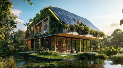 Obraz premium Eco-friendly solar powered house with a lush green roof, harmoniously blending with nature's beauty.