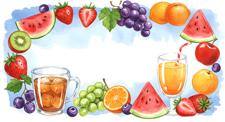 A frame of fruit and drinks including a cup of juice, a cup of iced tea, watercolor