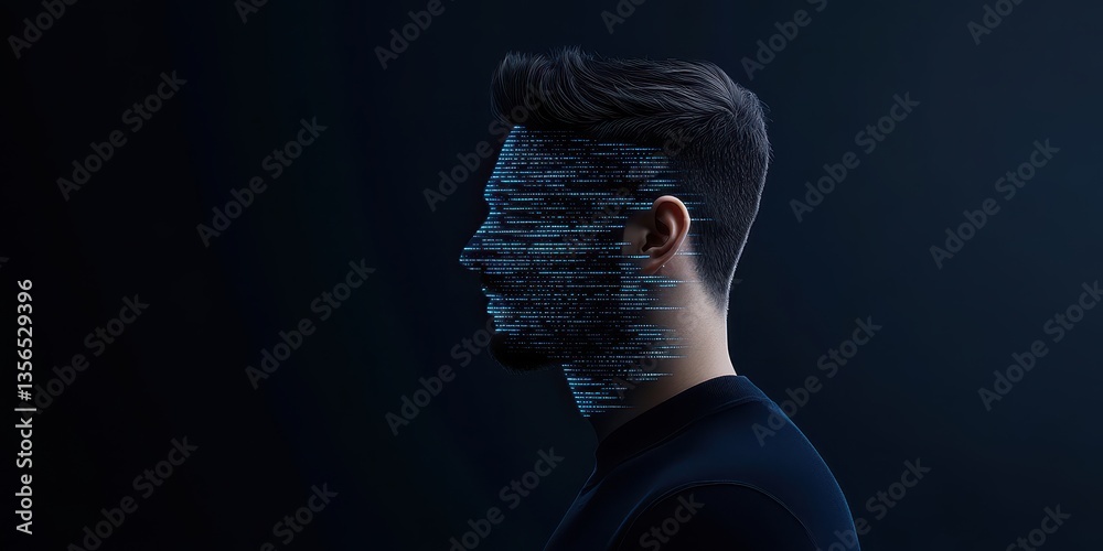 Poster a futuristic portrait of a man with a digital face composed of binary code, symbolizing the fusion o