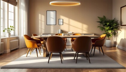 Modern Meeting Room with Brown Chairs and Wooden Table Interior