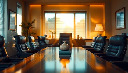 Elegant Conference Room with Polished Table and Natural Light Inflow