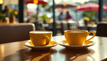 Two Steaming Cups of Coffee on a Table at Cafe Outdoor