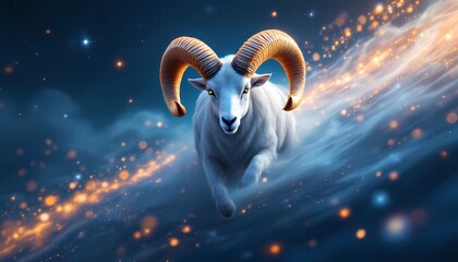 Ram Running Through Cosmic Cloudscape with Glowing Stars and Fantasy Vibe