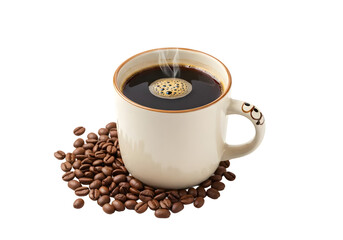 Aromatic Coffee Cup Surrounded by Fresh Coffee Beans with Steam Rising, Perfect for Morning Beverage and Coffee Lovers Photography