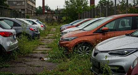 Abandoned parking lot with overgrown weeds, Modern cars in neglected urban setting, Themes of urban decay and nature reclaiming spaces