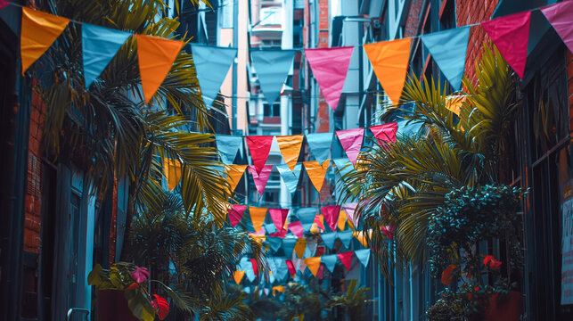 Colorful triangular flags decorating festive urban alleyway. concept of city celebration, street decor, vibrant party atmosphere, urban aesthetics