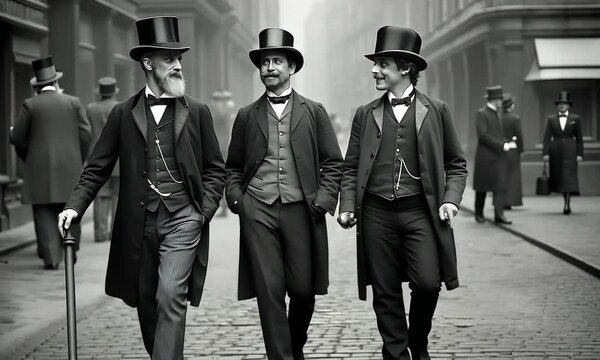 Rich English men talking on street, 1880th fashion, vintage 