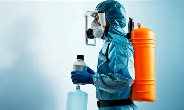Pest control specialist performing city in office, man in uniform with respirator, chemicals and spray, copy space background