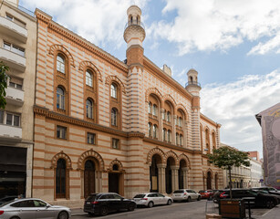 Main facade of Rumbach Street Synagogue at overcast morning, Budapest