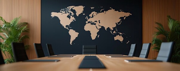 Cargo logistics transportation in world map business concept. Modern conference room with world map wall and greenery.