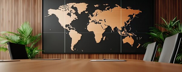 Cargo logistics transportation in world map business concept. Modern conference room with world map and contemporary decor.