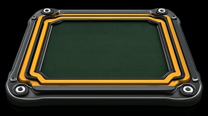 Dark gray square tech component with orange trim.