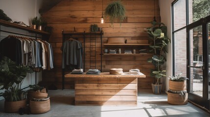 Minimalist Clothing Boutique Interior with Rustic Wood Design