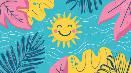 Cheerful sun surrounded by colorful tropical leaves and ocean waves. concept of summer joy, tropical vibes, vibrant colors, playful nature illustration. Abstract background