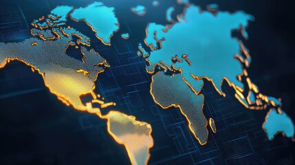 Cargo logistics and freight tracking in global network concept. Stylized map of the world with glowing outlines and digital effects.