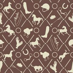 Equestrian art rhombus seamless pattern. Horse silhouette, bridle, saddle. Elegant noble background horse motif. Horse tack, horse gear vector ornament. England luxury classic vintage hand drawn style