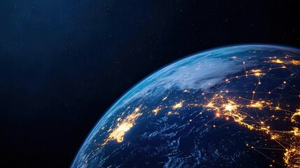 Obraz premium Earth at night representing cityscapes and business connections concept. A stunning view of Earth from space, showcasing vibrant cities.