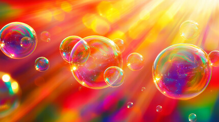 Colorful soap bubbles glowing in sunlight. concept of joy, playful summer, childhood wonder, magical moments, Background