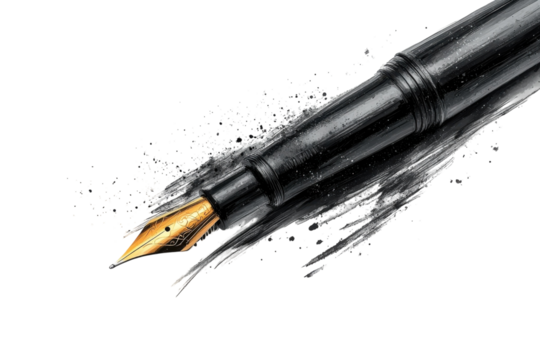 A Golden Nib Poised To Unleash A Torrent Of Words, A Powerful Fountain Pen Captured In Dynamic Black Ink Strokes Against A Stark White Backdrop Isolated on Transparent Background