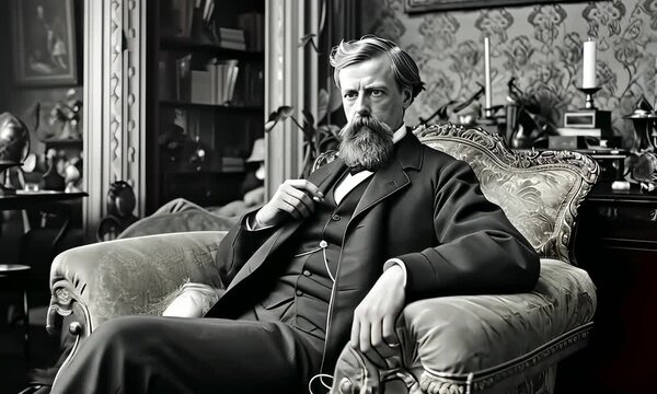 Rich man aristocracy, banker, businessman sits in chair in drawing room, 1890. 