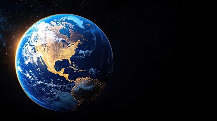 Fototapeta premium Earth at night highlighting world map and finance connections concept. Stunning view of Earth from space with vibrant colors and shadows.