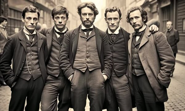Rich English men walking on street, 1880th fashion, vintage 