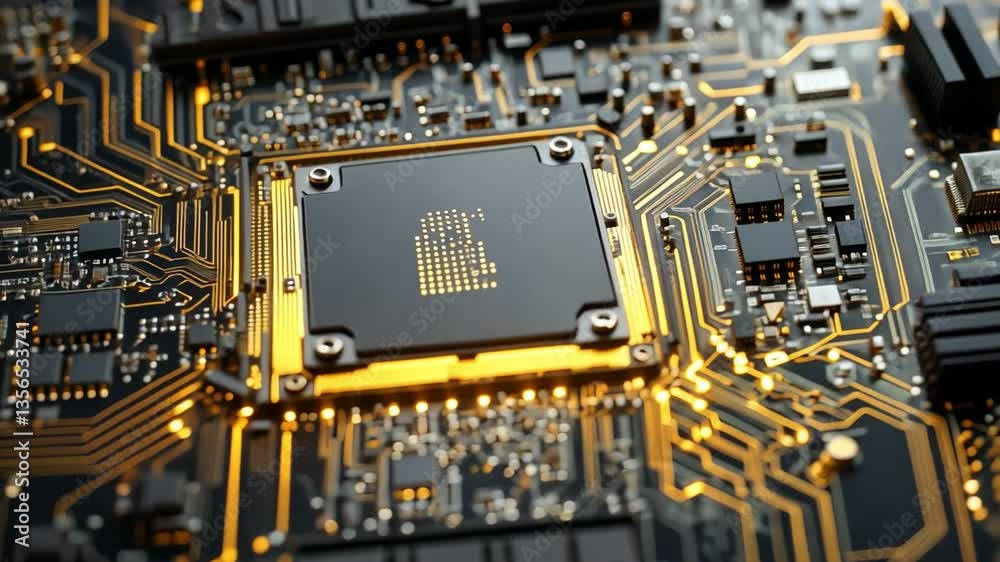 Poster electronic circuit: high-angle shot showcasing intricate circuitry of a computer's central processin