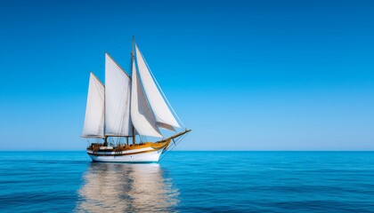 Fototapeta premium Majestic Sailing Ship with White Sails Gliding Over Calm Blue Ocean Waters